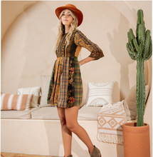 Load image into Gallery viewer, Young Threads - Rustic Bohemian: Fit and Flare Patchwork Mini Dress- New: CAMEL / REGULAR (S-M-L-XL-1-2-2-1)
