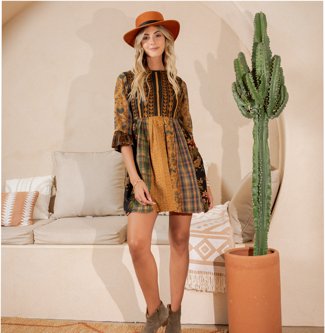 Young Threads - Rustic Bohemian: Fit and Flare Patchwork Mini Dress- New: CAMEL / REGULAR (S-M-L-XL-1-2-2-1)