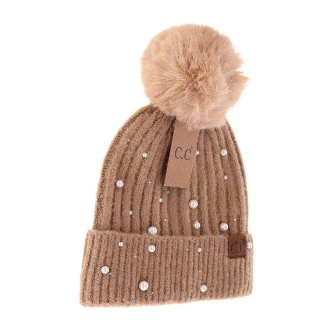 C.C Beanie - Pearl Embellished Faux Fur Pom C.C Beanie HAT4008: Camel