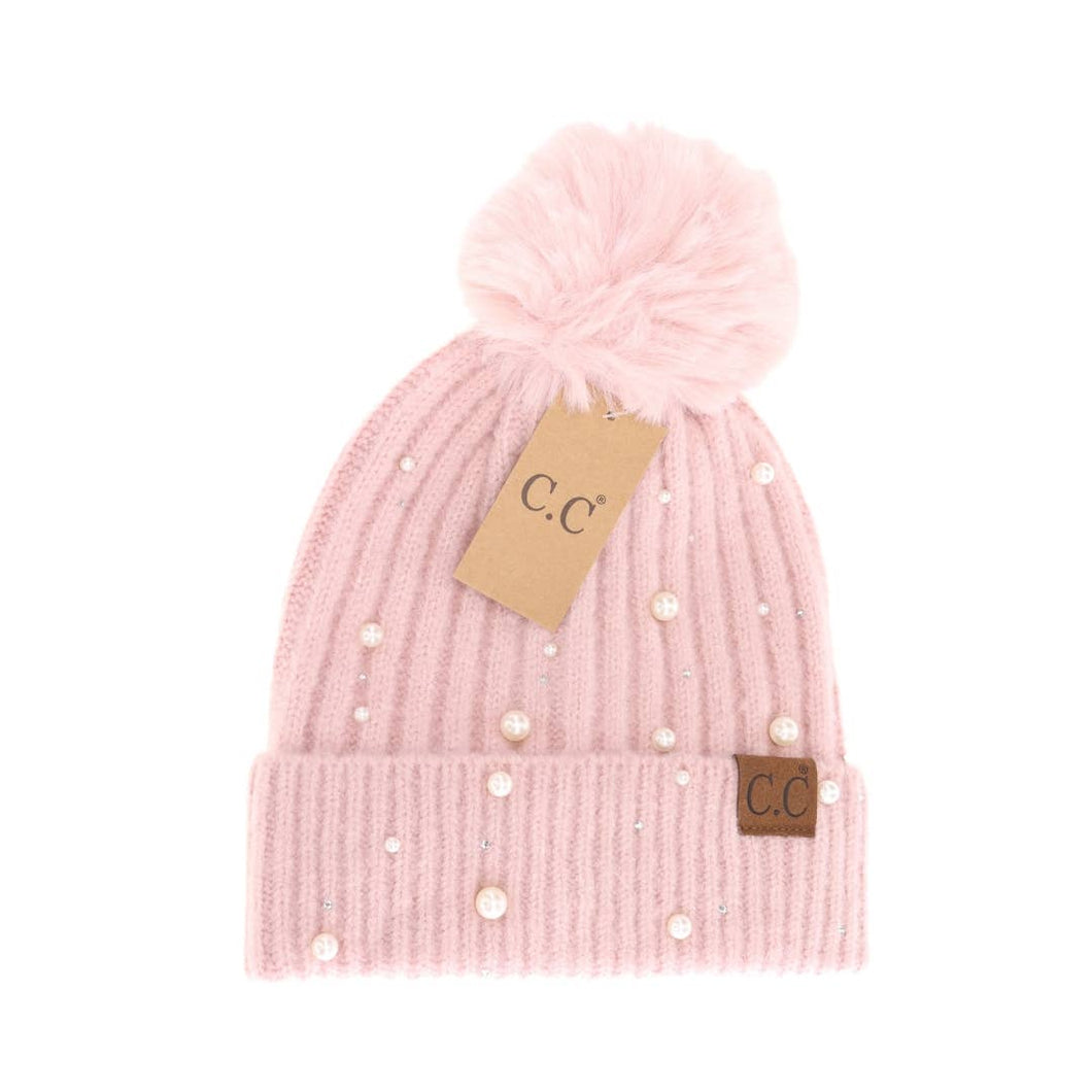 C.C Beanie - Pearl Embellished Faux Fur Pom C.C Beanie HAT4008: NEW - Rose