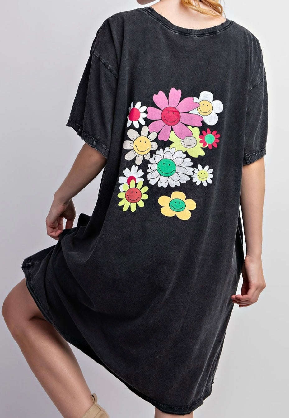 Black Acid Wash Oversized Smiley Tshirt Dress