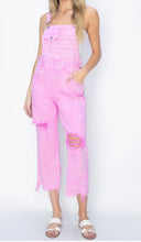 Load image into Gallery viewer, RISEN Distressed Overalls in PINK
