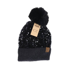 Load image into Gallery viewer, C.C Beanie - Cluster Sequin Faux Fur Pom C.C Beanie HTE0012: Hot Pink
