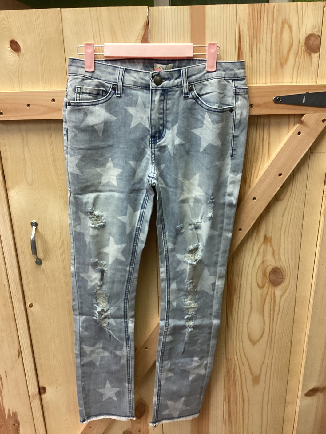 Easel Brand- Star Printed Distressed Washed Denim Jeans