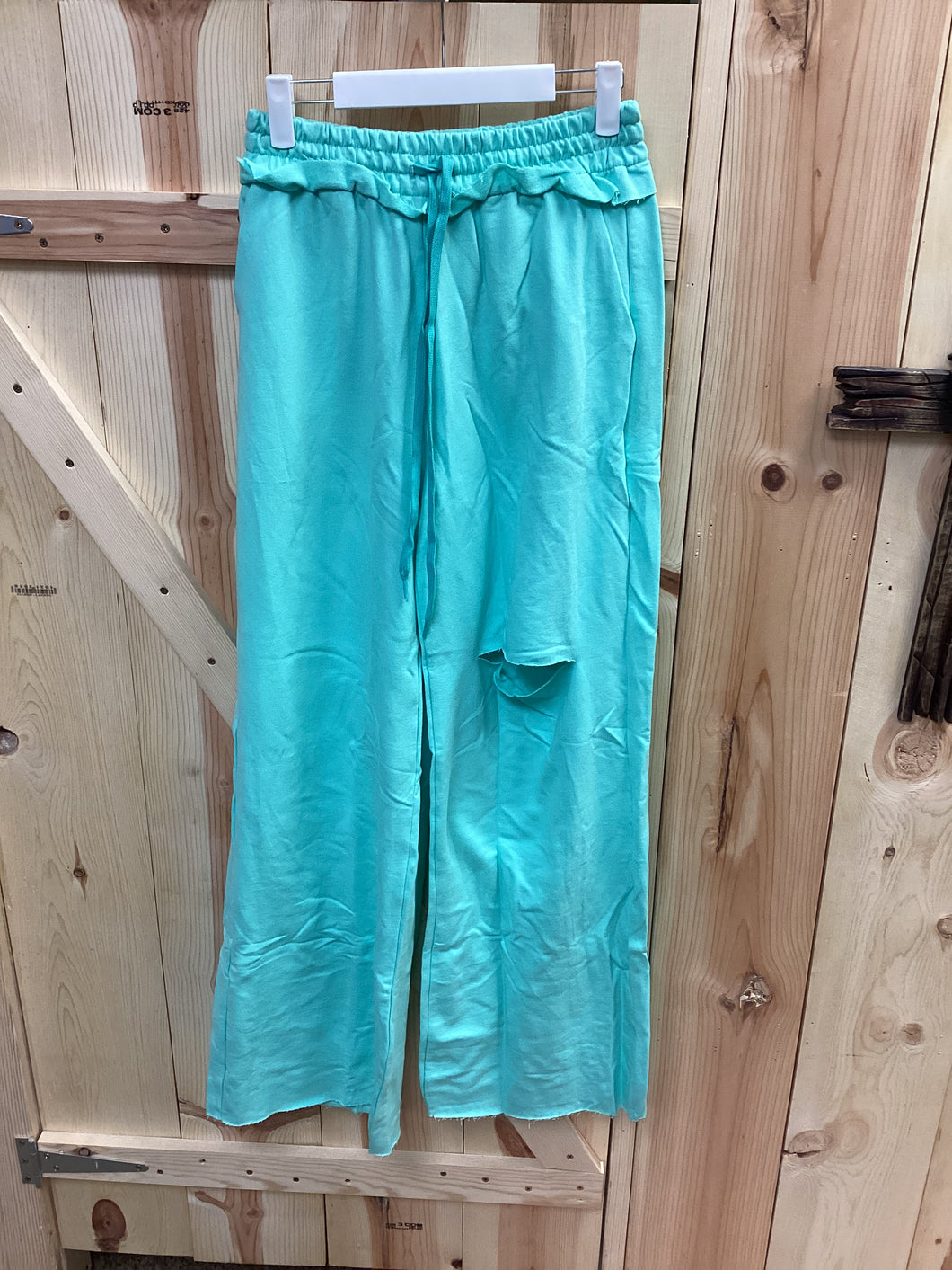 Teal French Terry Laser Cut Pants