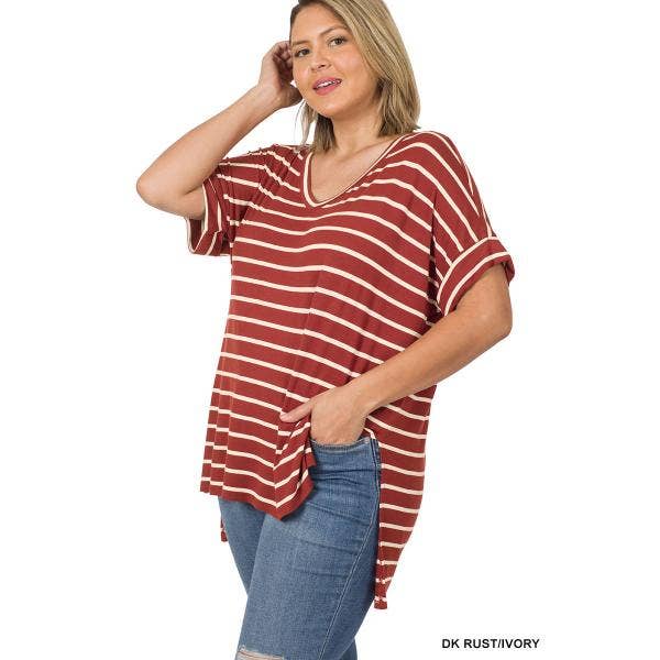 RUST & IVORY STRIPE ROLLED SHORT SLEEVE V-NECK TOP-CURY