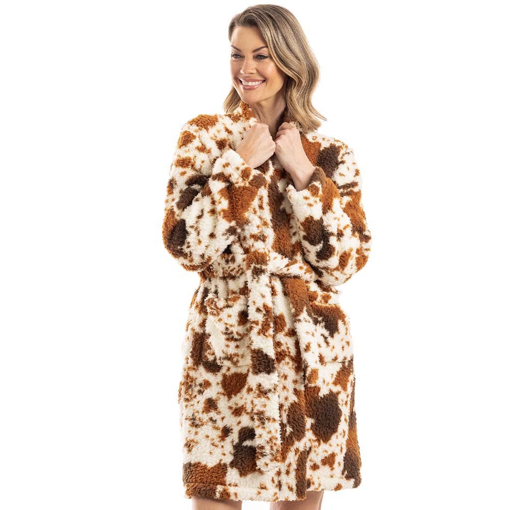 Boho Cow Print Western Sherpa Robe