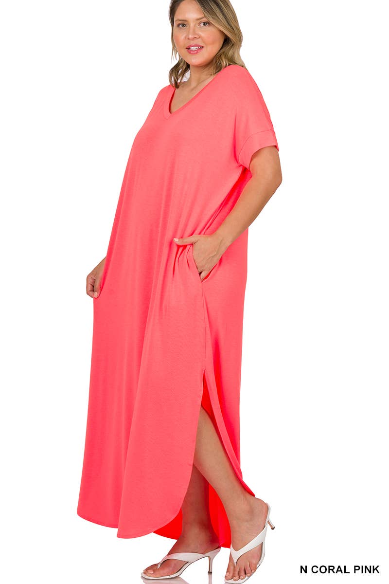 Neon Pink- PLUS V-NECK SHORT SLEEVE MAXI DRESS