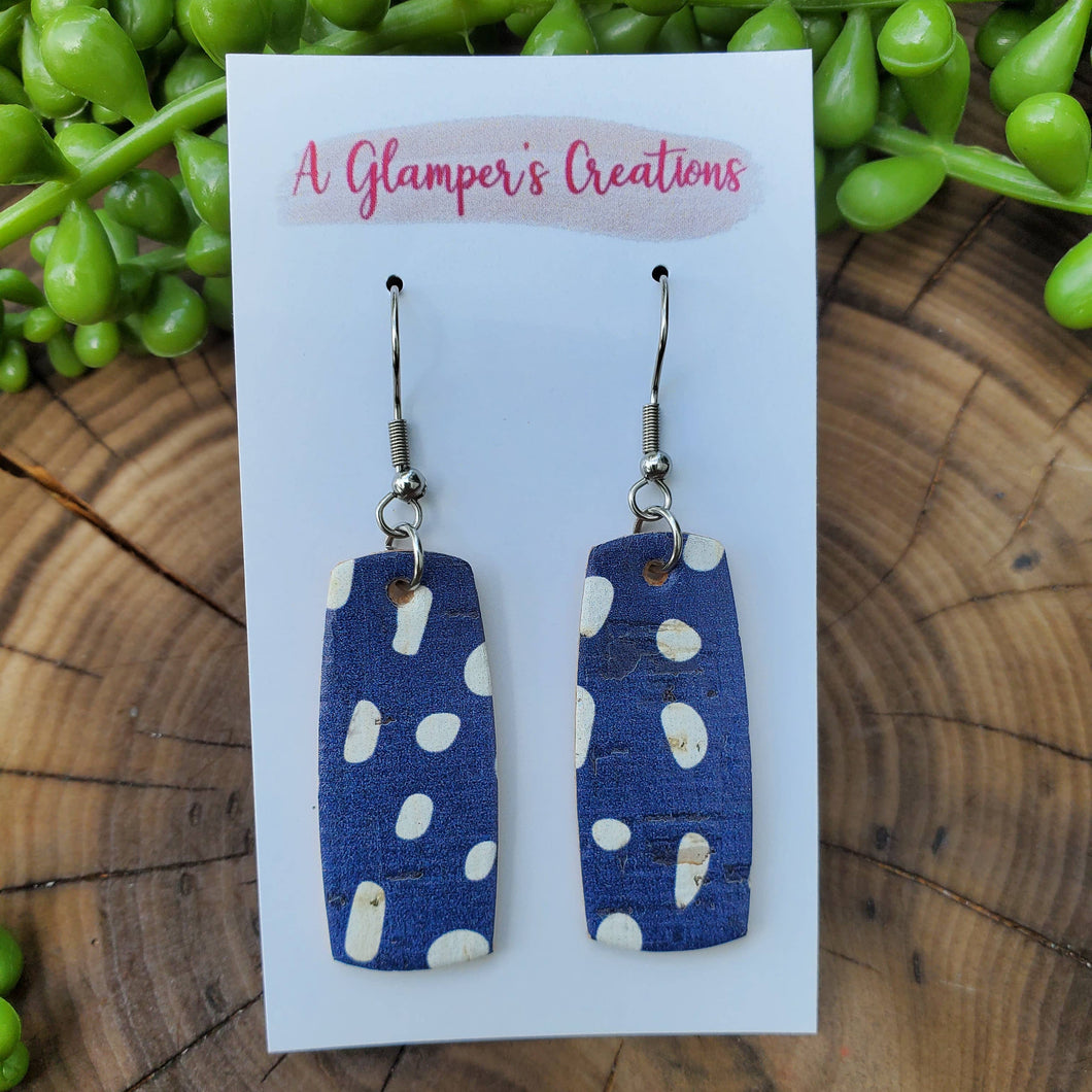 A Glamper's Creations LLC - White Dots on Dark Blue Mini Bar Leather Earrings