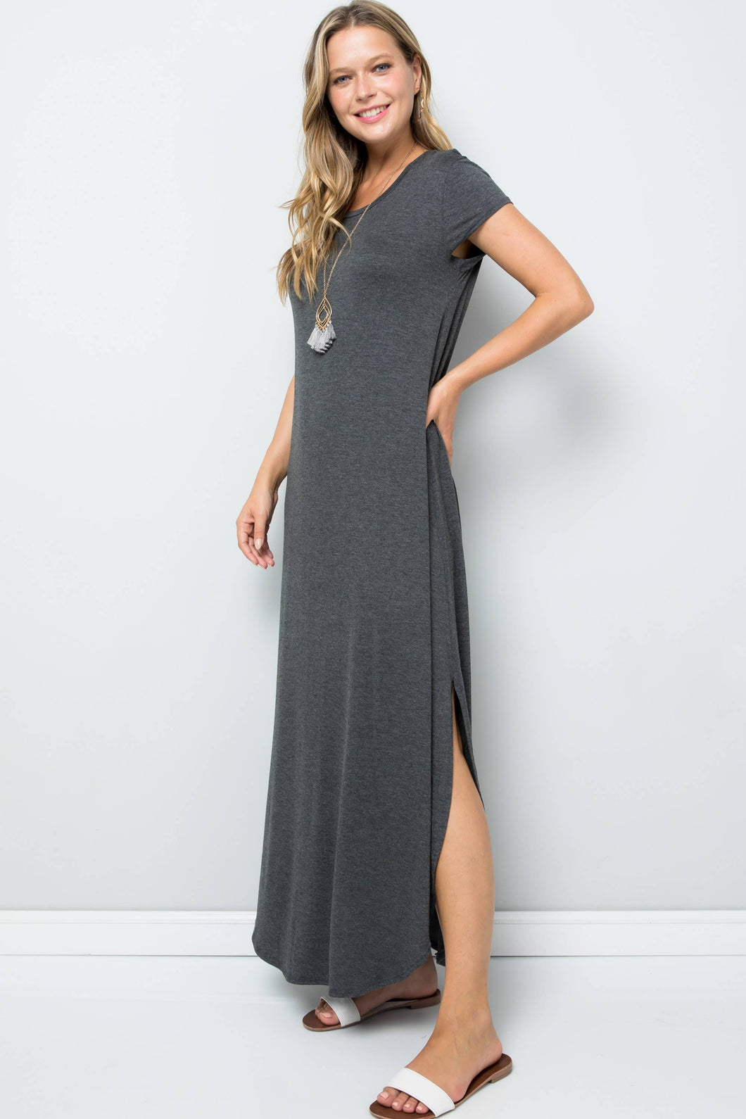 Short Sleeve Maxi Dress with Side slit in Charcoal