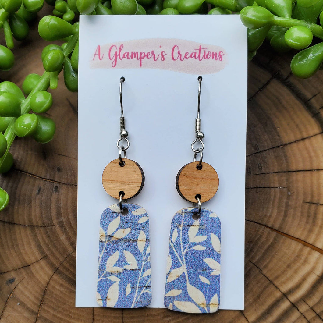 A Glamper's Creations LLC - White Floral on Blue Dangle Wood & Leather Earrings