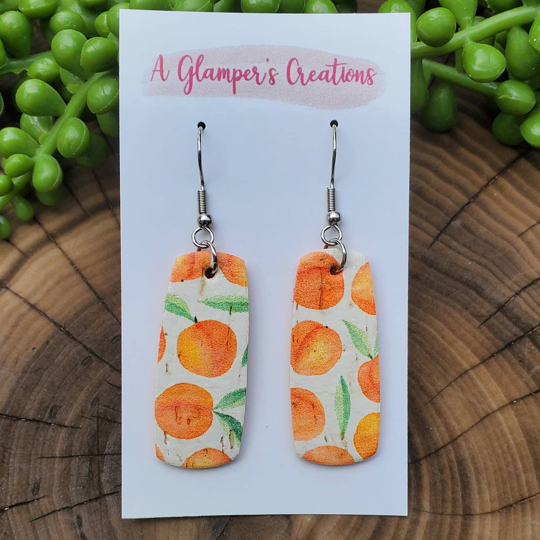 A Glamper's Creations LLC - Peaches on White Cork Mini Bar Leather Earrings