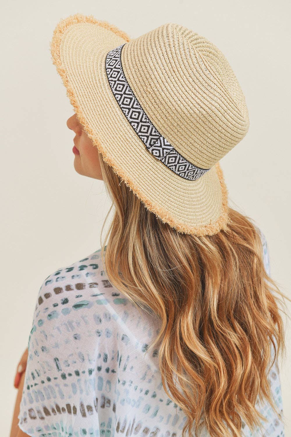 Frayed Trim Aztec Banded Straw Hat