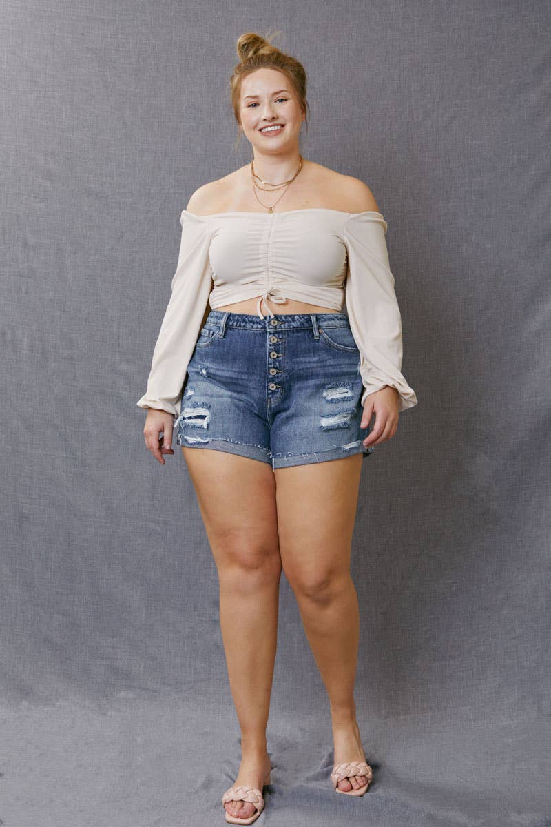 Kan Can USA - Curvy Distressed Denim Shorts