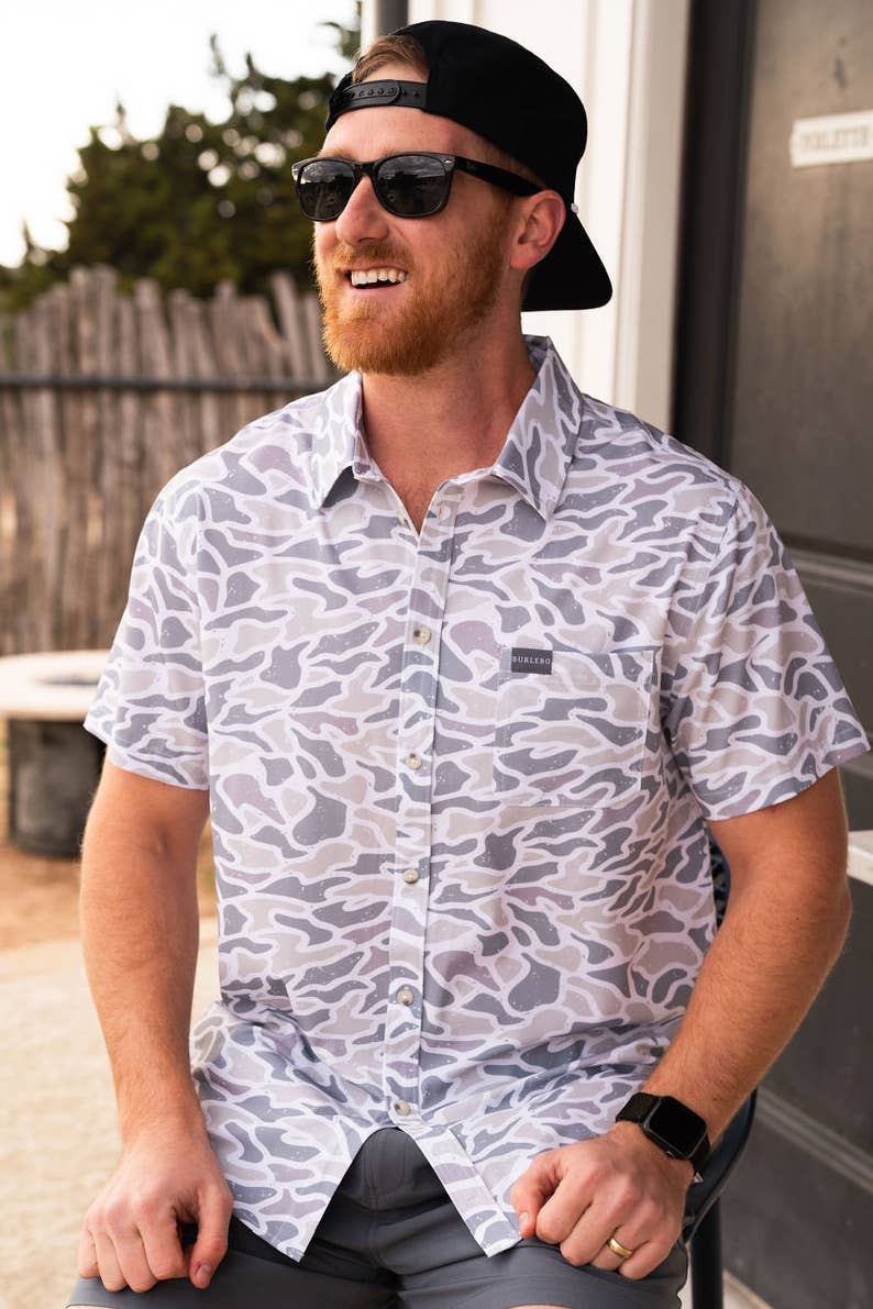 BURLEBO - Performance Button Up - White Camo: XLarge