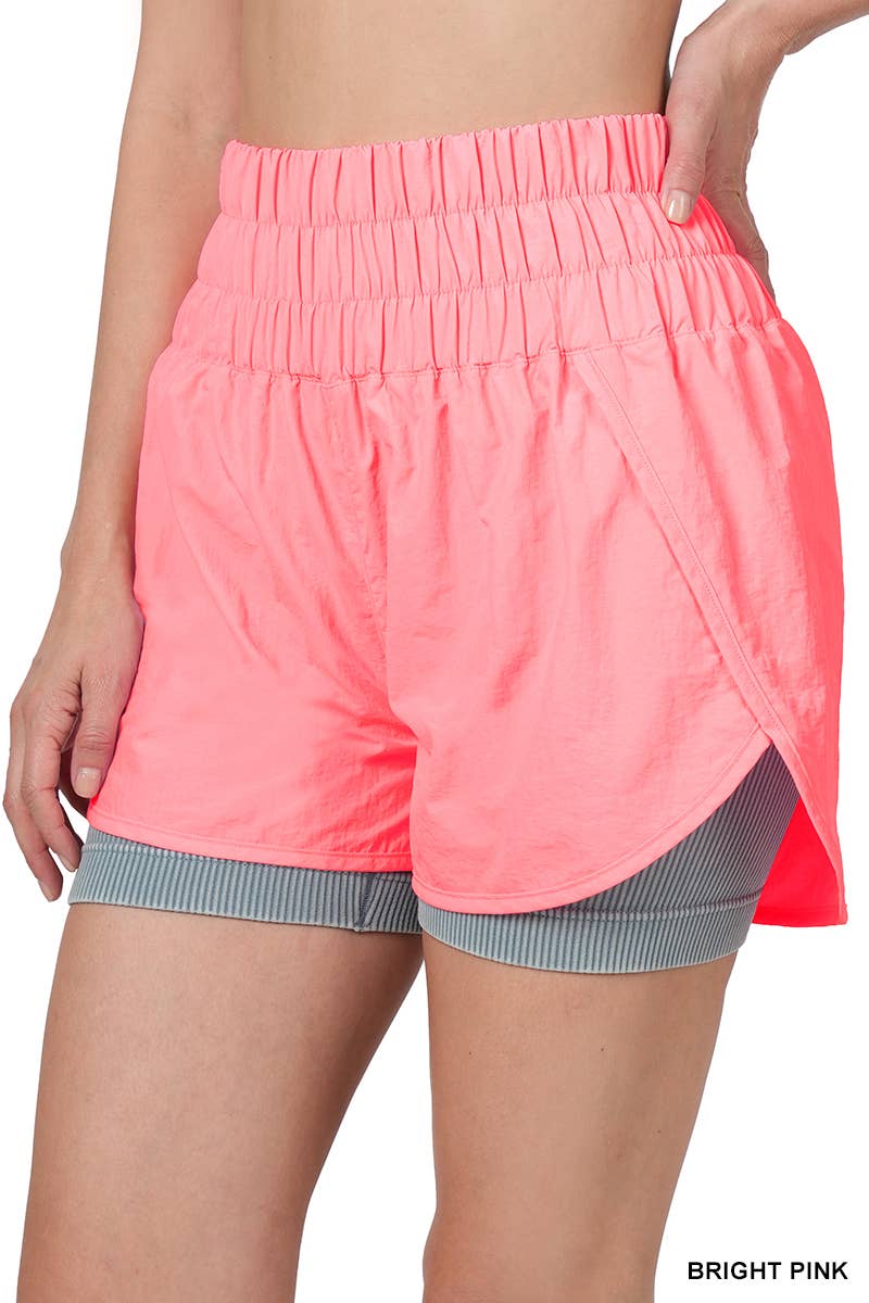 Neon Pink-TRACK SHORTS w/ lining & mesh back pocket