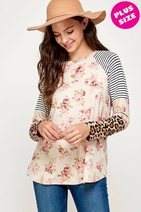 Melon Fashion - Plus Size Floral, Stripes and Leopard Raglan Knit Top