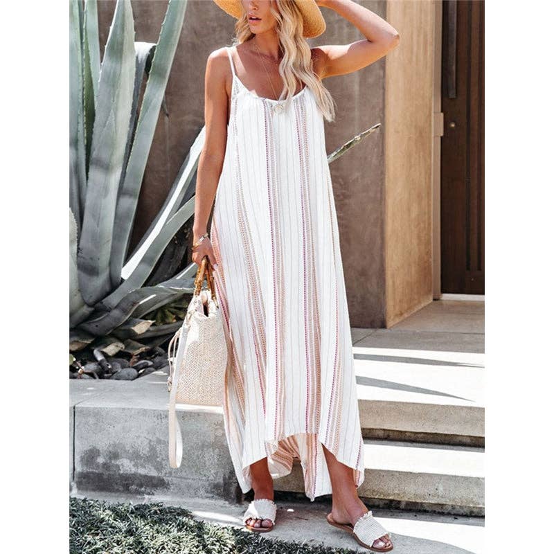 Loose Striped Print Casual Maxi Dress- Swim CoverUp