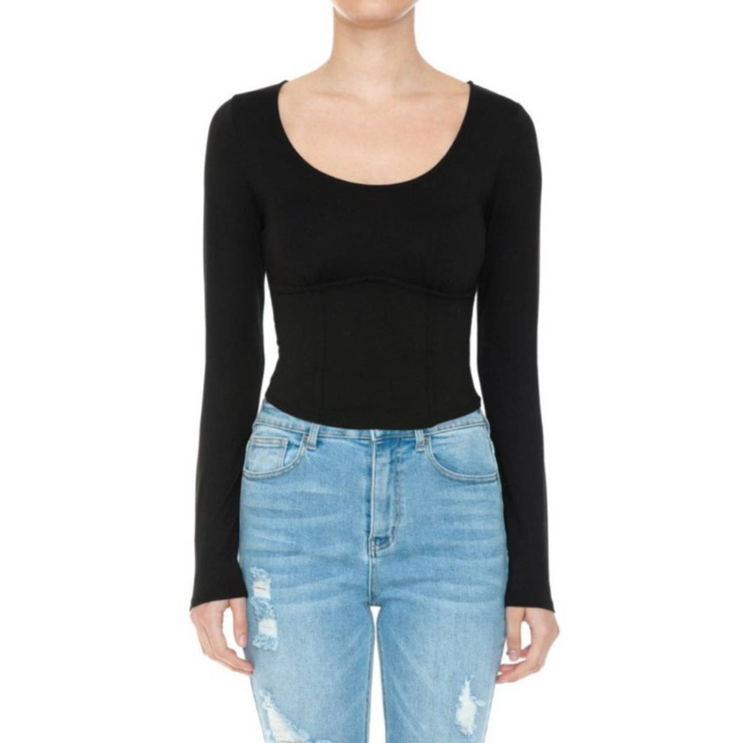 Corset Binding Detail Scoop Neck Long Sleeve  Top