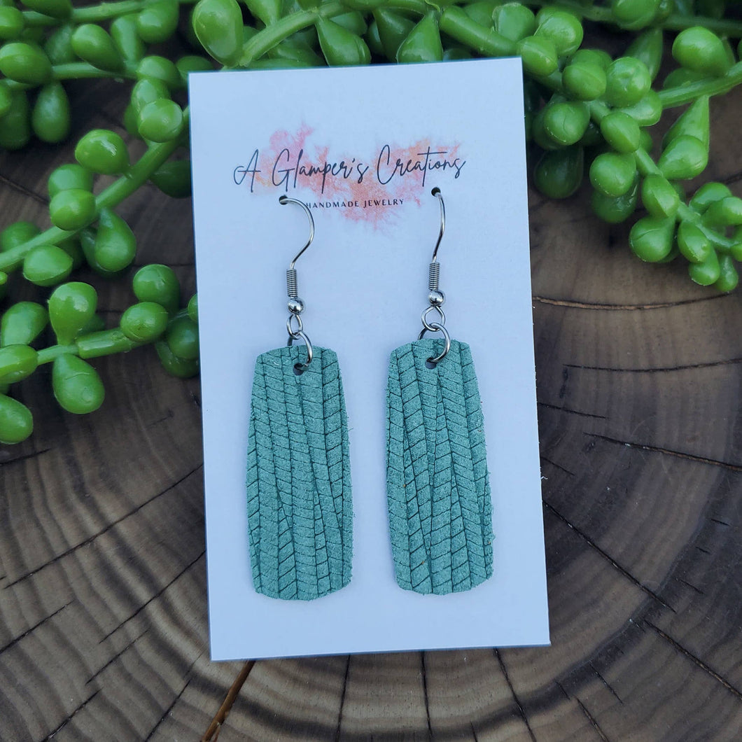 A Glamper's Creations LLC - Seafoam Green Palm Embossed Mini Bar Leather Earrings