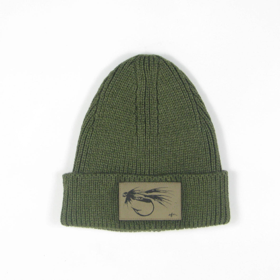 Midwest & Beyond - B&W Fly Cuffed Knit Beanie in Army Green with Leather Patch